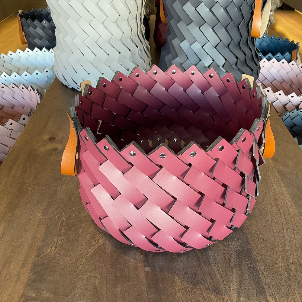 Medium Braided Leather Basket With Handles Burgundy